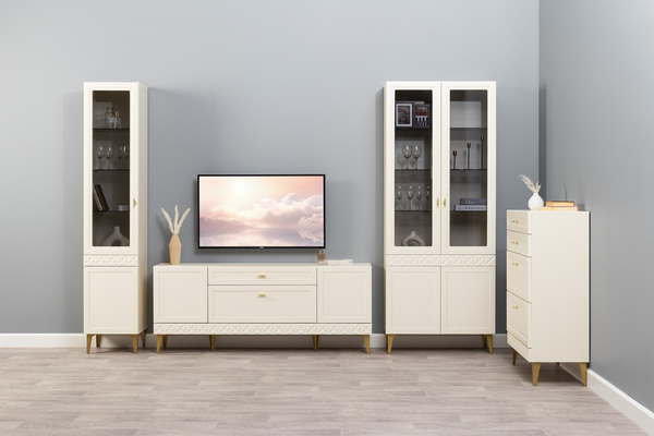 Гостиная Марион композиция 1 слоновая кость С341 PE, слоновая кость 6898 ПВХ, белый PE шагрень (собирается на любую сторону)