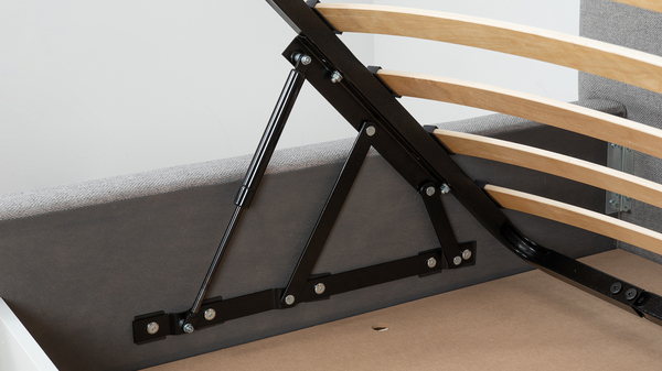 Кровать Миа 140 рогожка серый, кант желтовато-коричневый с ортопедическим основанием и подъемным механизмом