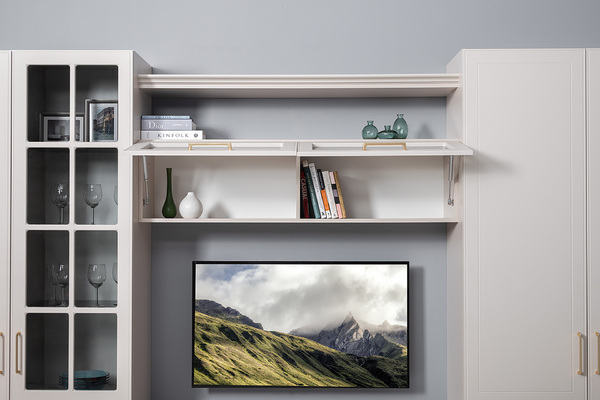 Гостиная Ричфорд композиция 1 с карнизами, кашемир 5981 BS, моно керамика D166-2 ПВХ, белый PE шагрень (собирается на любую сторону)